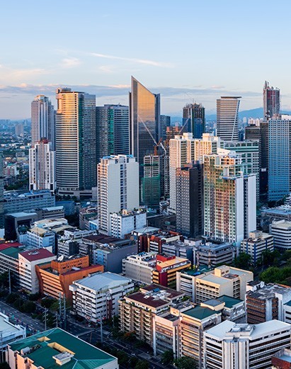 A view of a city with tall buildings